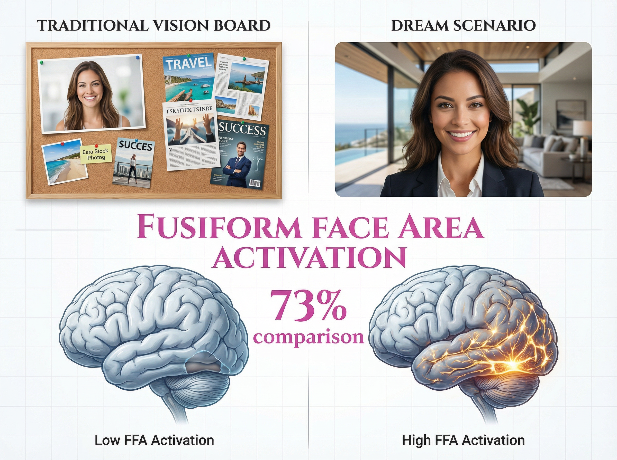 Fusiform Face Area activation comparison — 73% higher brain activation when you see your own face in a dream scenario vs generic stock photos